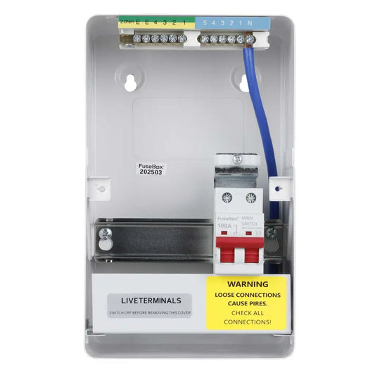 Electrical junction box with wiring and warning label on a white background