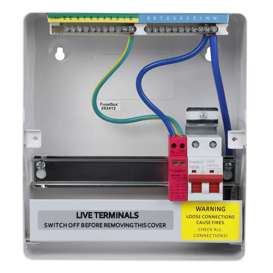 Electrical fuse box with wiring and labels on a white background