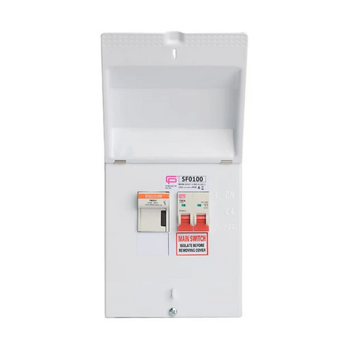 White electrical panel with labels on a white background