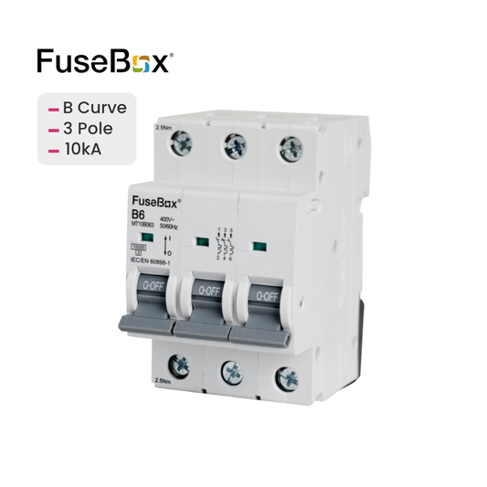 FuseBox electrical circuit breaker with specifications on a white background