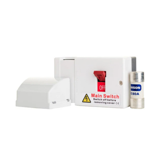 Electrical components including a fuse and switch on a white background