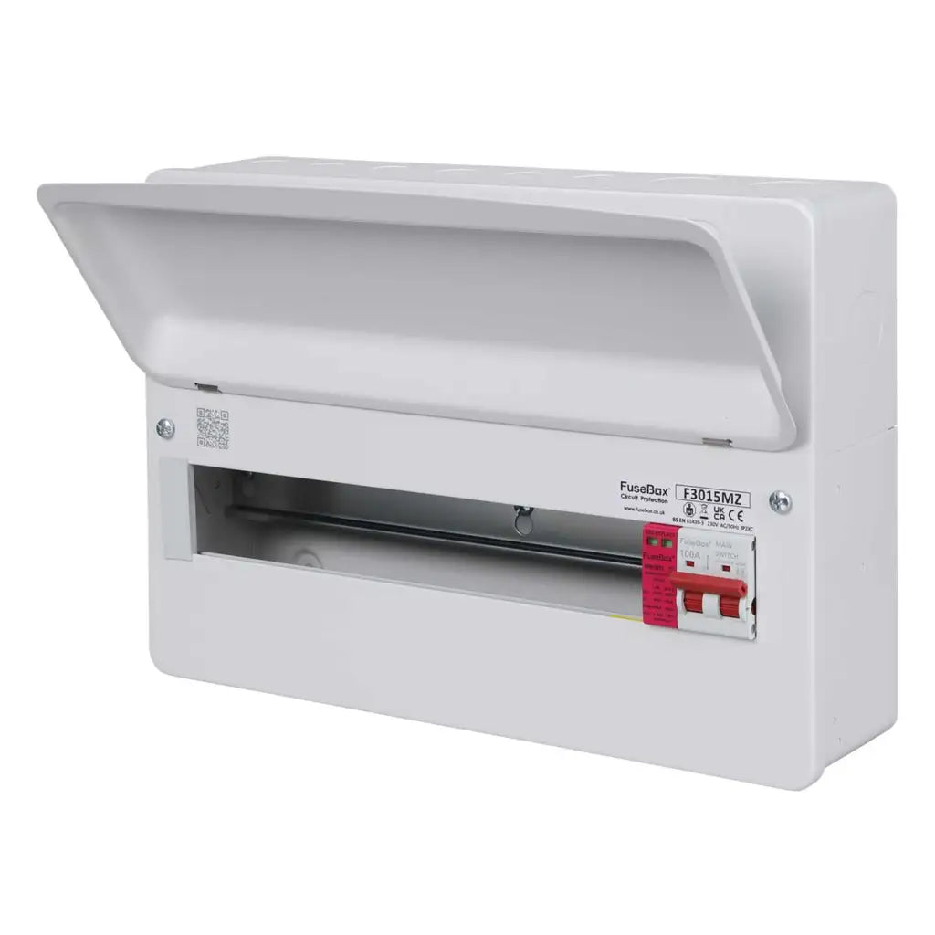 White electrical panel with labels on a white background