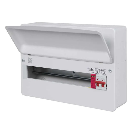 White electrical panel with labels on a white background