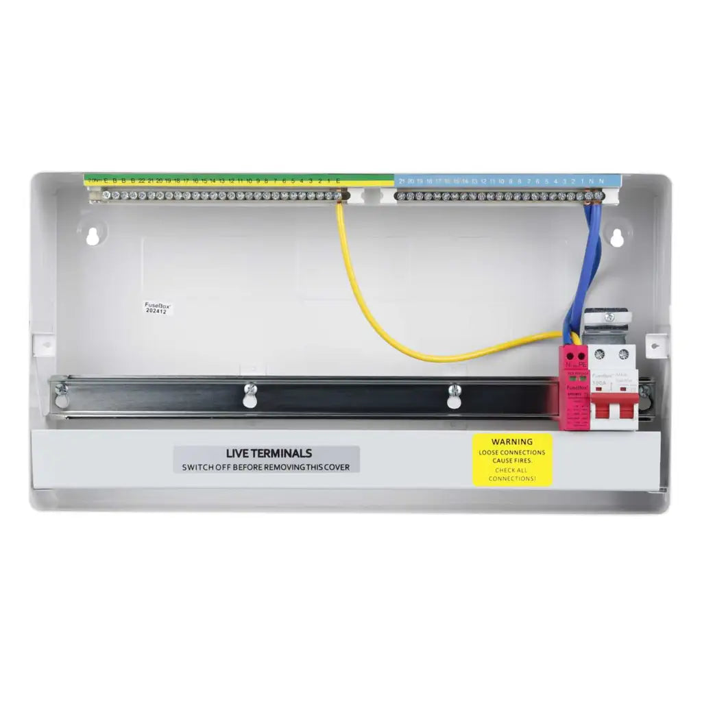 Electrical panel with wiring and labels on a white background